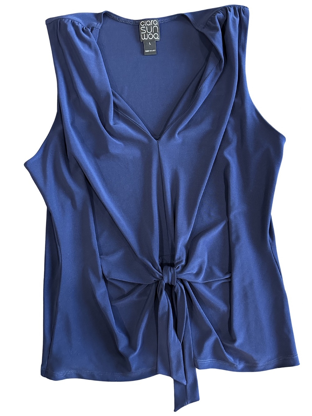 NWT Clara Sun Woo Navy Sleeveless V-Neck Tie Front Top Size Large